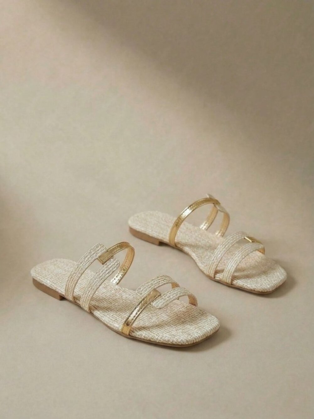 Cream Woven Strappy Flat Sandals with Gold Trim
